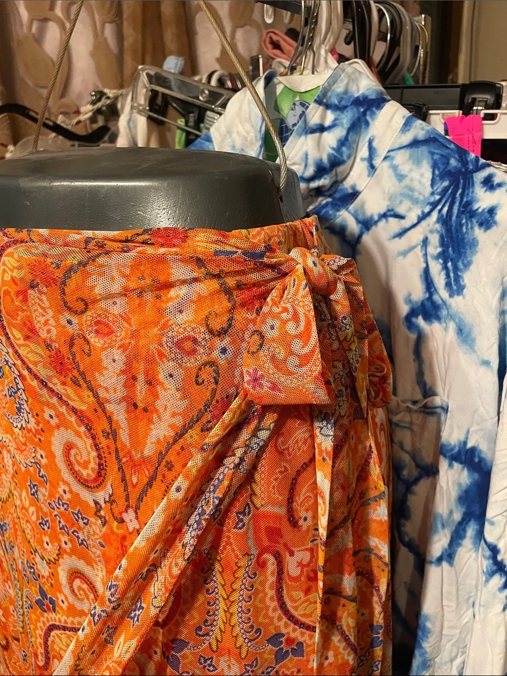Women's Orange Paisley Maxi Wrap Skirt with Tie Waist